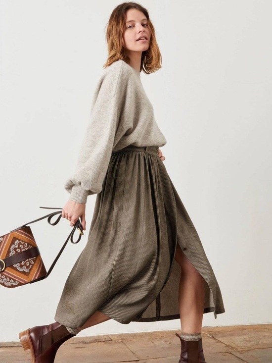 Sessun Dresses & Skirts - SESSUN Massari Striped Pleated Sand Black Midi Skirt